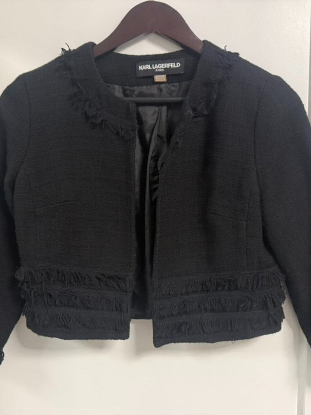 Karl Lagerfeld Paris Black Tweed Fringe Cropped Jacket XS